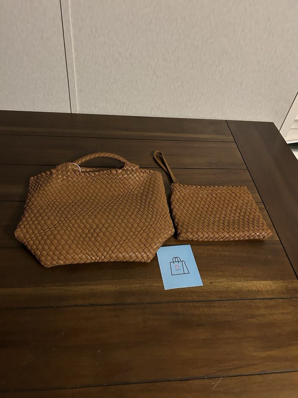 JINMANXUE Womens Brown Woven Vegan Leather Tote Bag Handbag Pouch Set NWT